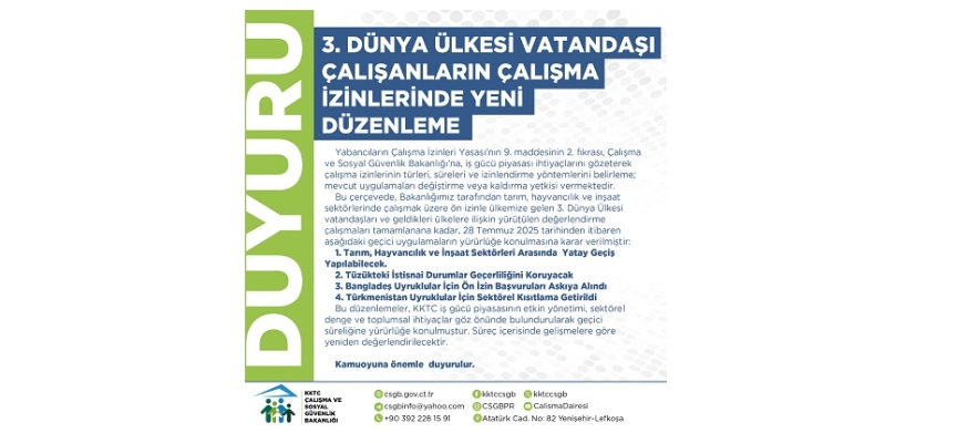 Çalışma Bakanlığı, üçüncü dünya ülkesi çalışanların çalışma izinlerine yeni düzenleme getirdi