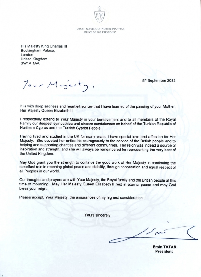 Cumhurbaşkanı Tatar, Kral 3. Charles’a taziyelerini iletti